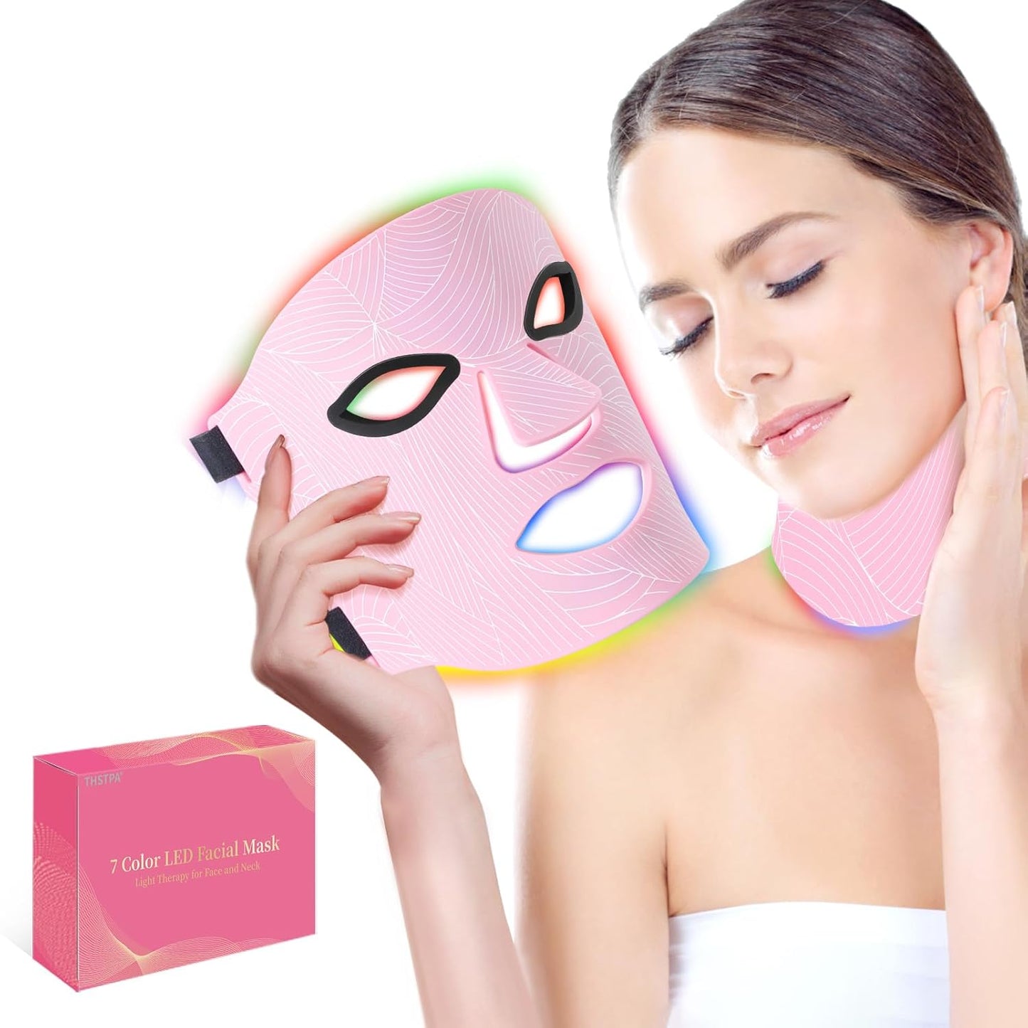 Led Face Mask Light Therapy,Red Light Therapy for Face and Neck,7 Colors LED Facial Skin Care Mask,5 Level Brightness Adjustment,309 LED Beads Can Be Used at Home,White