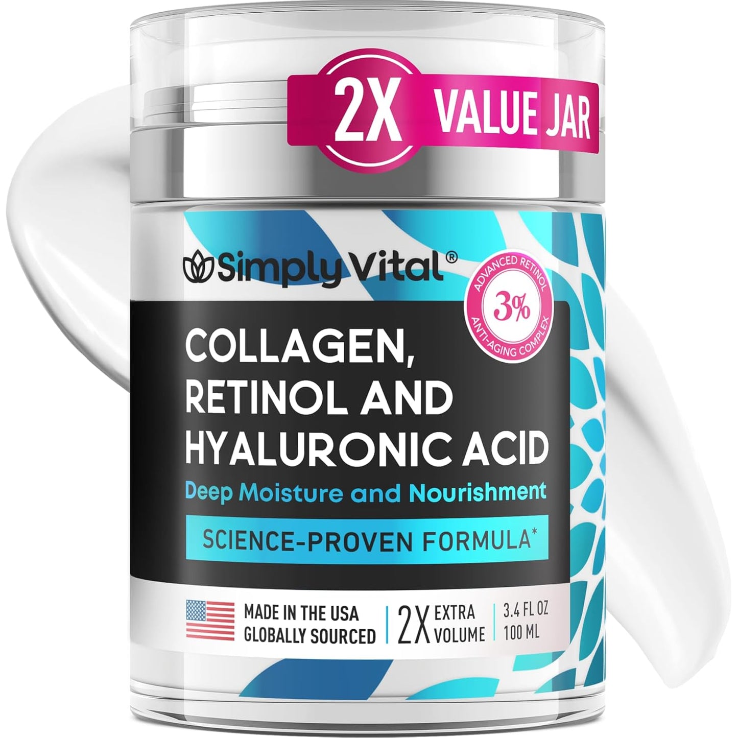 Collagen, Retinol & Hyaluronic Acid Cream - Anti-Aging Face Moisturizer for Face, Firming Skin Care Neck & Décolleté - Made in USA, Daily Moisturizer Face Cream Day & Night - 1.7 Fl.Oz.