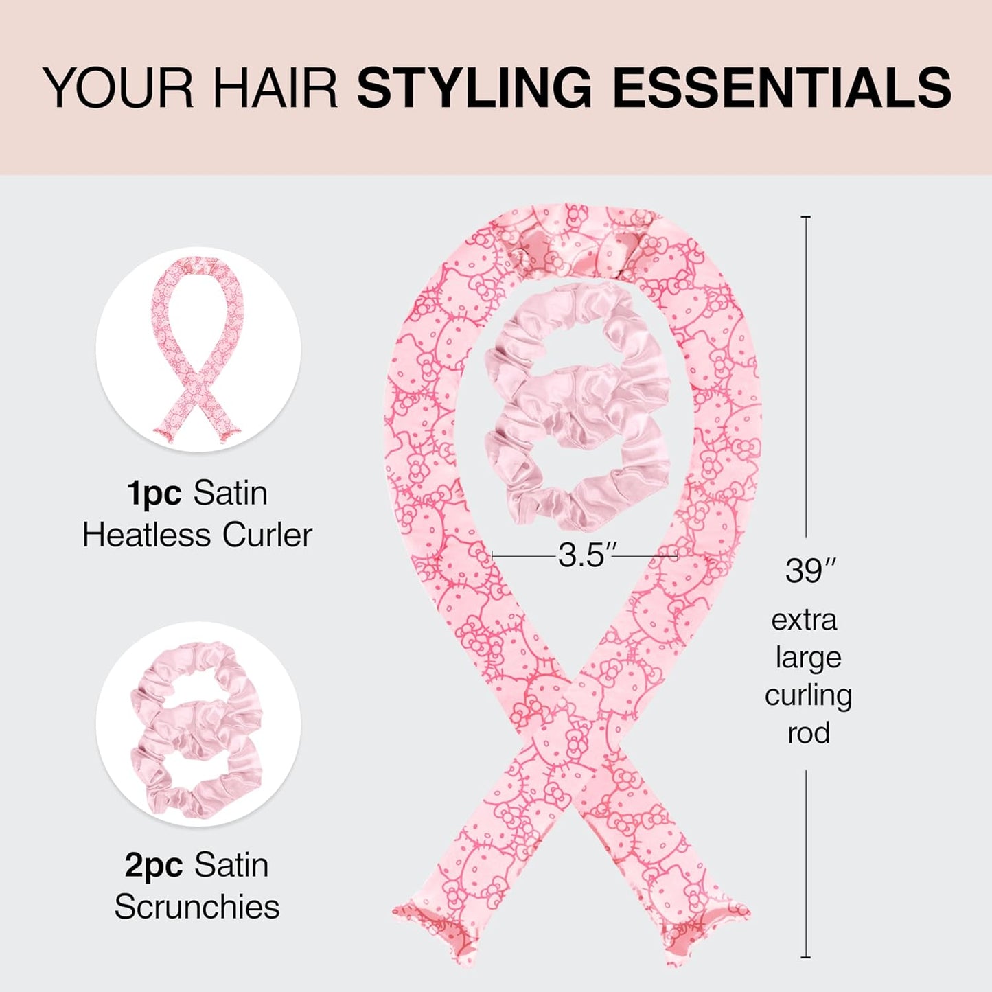 Hello X Satin Heatless Hair Curler Set - Heatless Curls Overnight, Hair Rollers for Soft Curls & Frizz-Free Styling, No Heat Curlers to Sleep In, Curling Rod Headband - Pink Kitty Faces