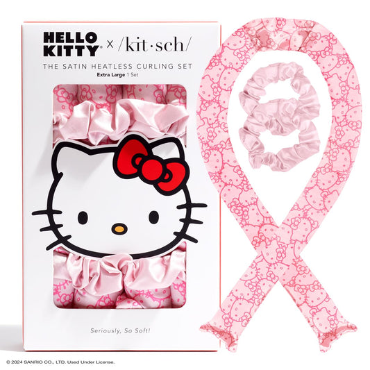 Hello X  Satin Heatless Hair Curler Set - Heatless Curls Overnight, Hair Rollers for Soft Curls & Frizz-Free Styling, No Heat Curlers to Sleep In, Curling Rod Headband - Pink Kitty Faces