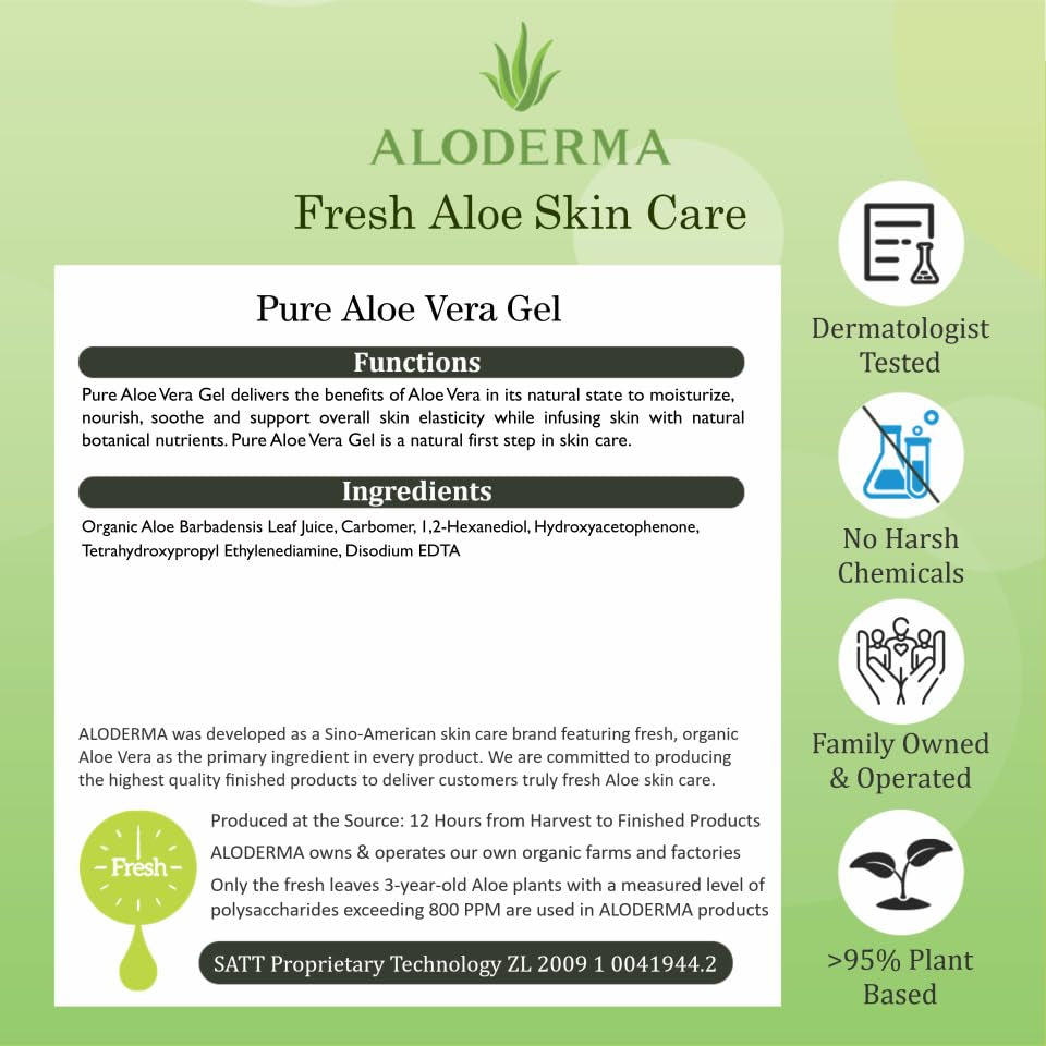 Aloderma Aloe Vera Gel – 99% Organic, Harvested Within 12 Hours, 1.5oz