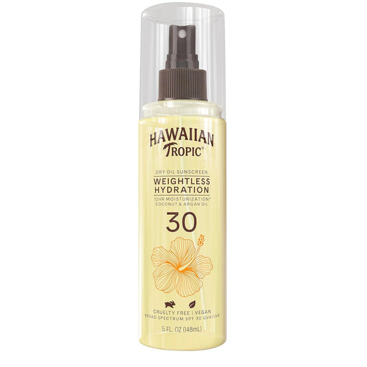 Hawaiian Tropic Weightless Hydration Dry Oil Sunscreen Spray SPF 30 – 5 oz (Oxybenzone-Free, Water-Resistant)