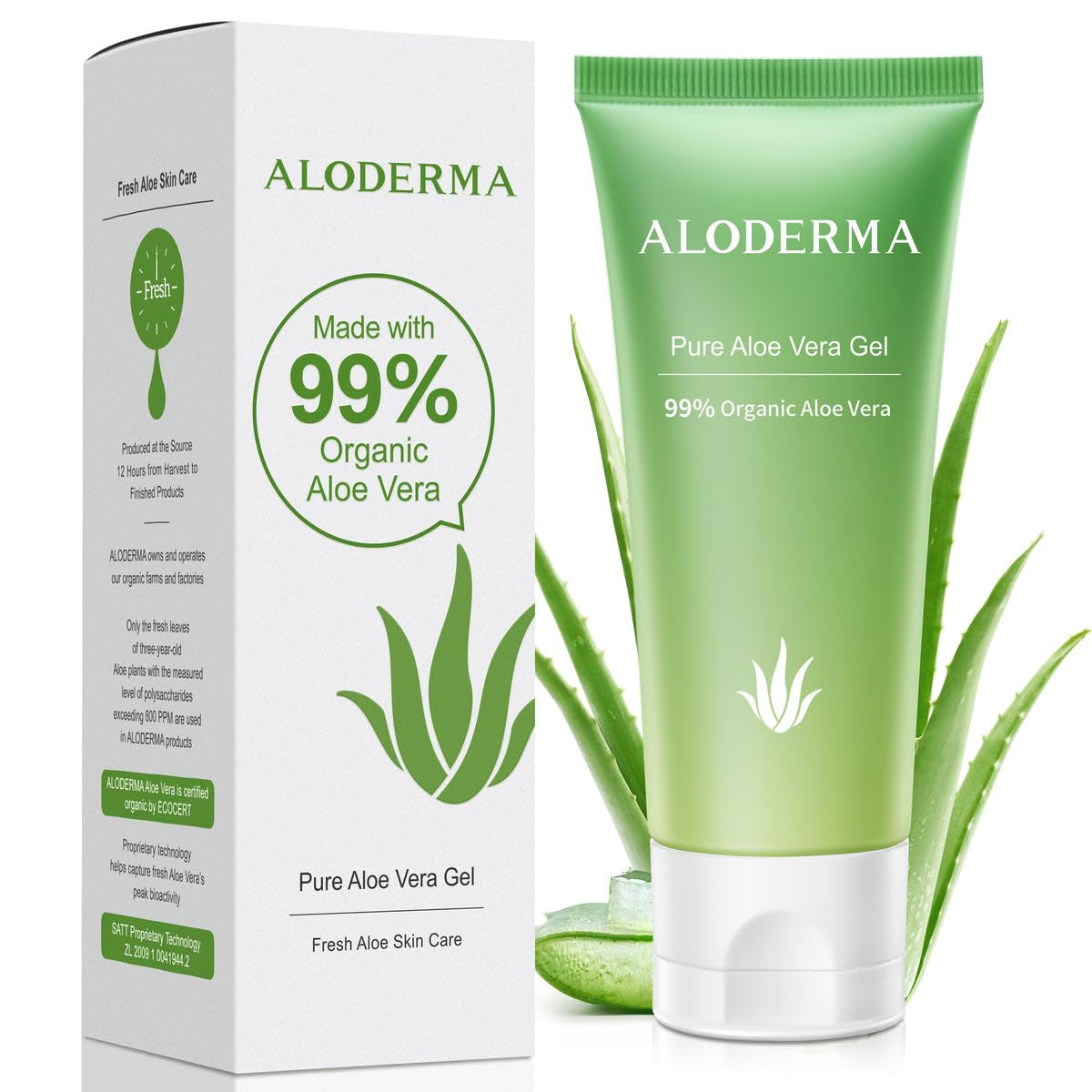Aloderma Aloe Vera Gel – 99% Organic, Harvested Within 12 Hours, 1.5oz