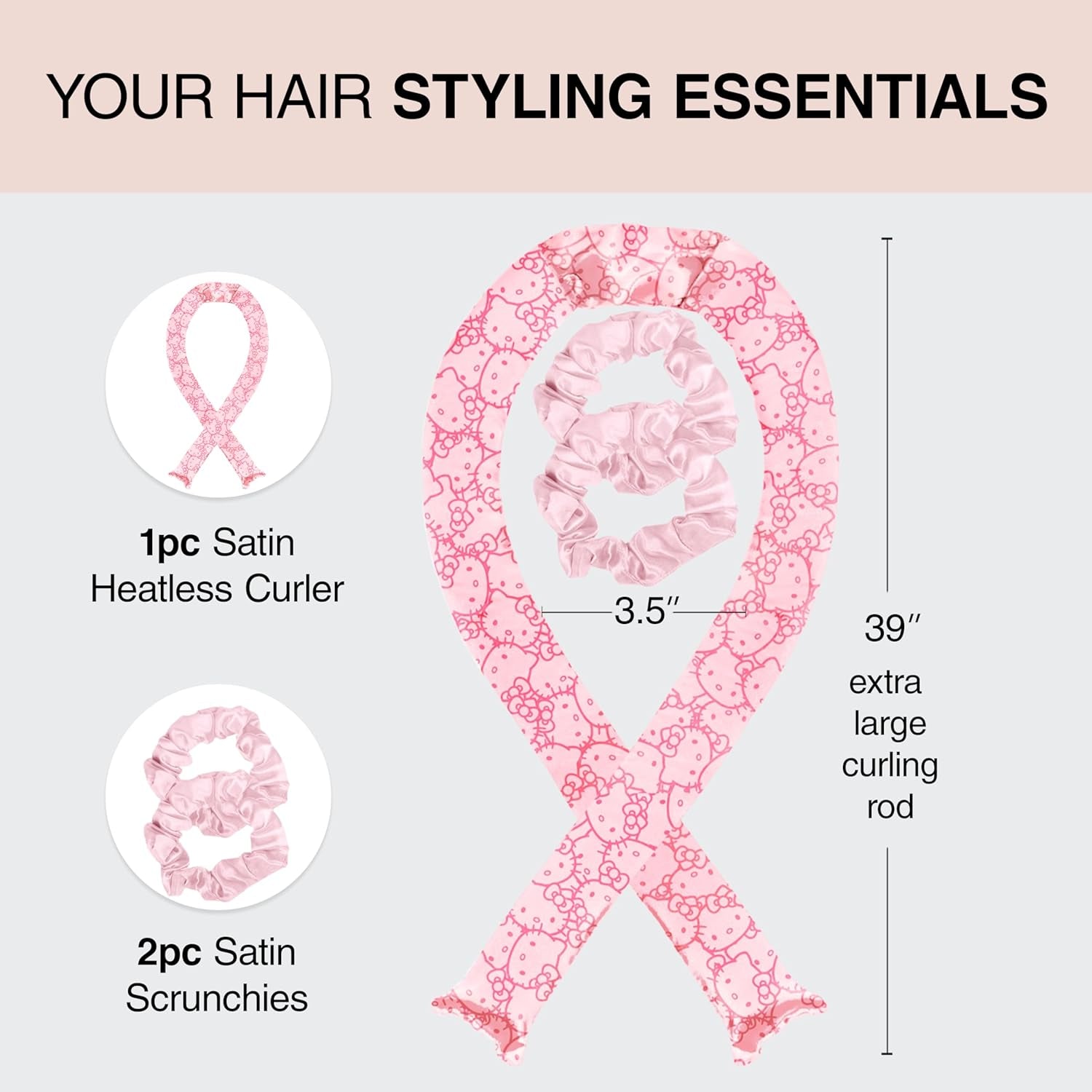 Hello X  Satin Heatless Hair Curler Set - Heatless Curls Overnight, Hair Rollers for Soft Curls & Frizz-Free Styling, No Heat Curlers to Sleep In, Curling Rod Headband - Pink Kitty Faces